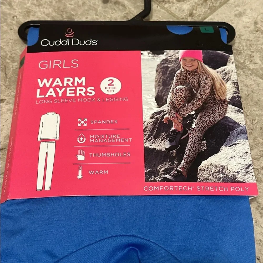Cuddl Duds Warm Layers 2pc Mock Neck Leggings NEW Comfort Stretch Blue L 10/12